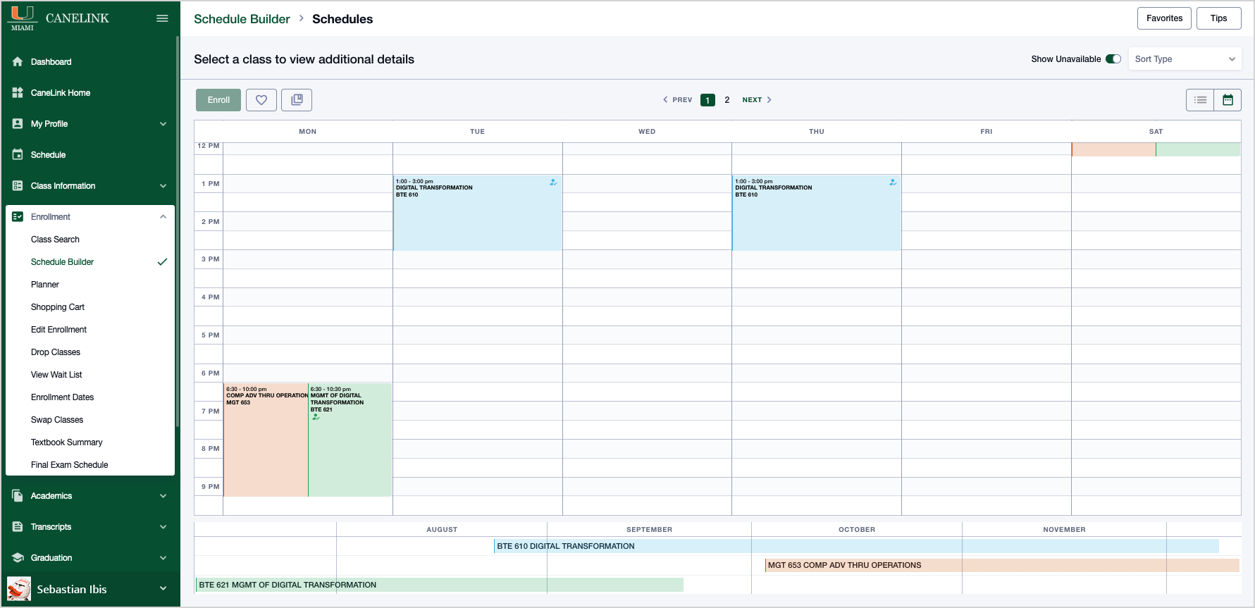 Picture of the schedule builder in CaneLink